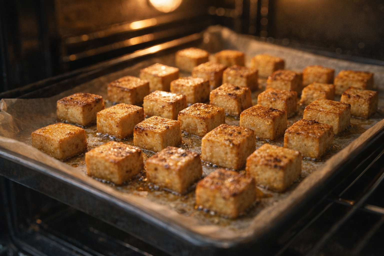 A close-up shot of tofu cubes arranged on a parchment-lined baking sheet in the oven, the tofu is golden brown and sizzling, with the oven light illuminating the scene